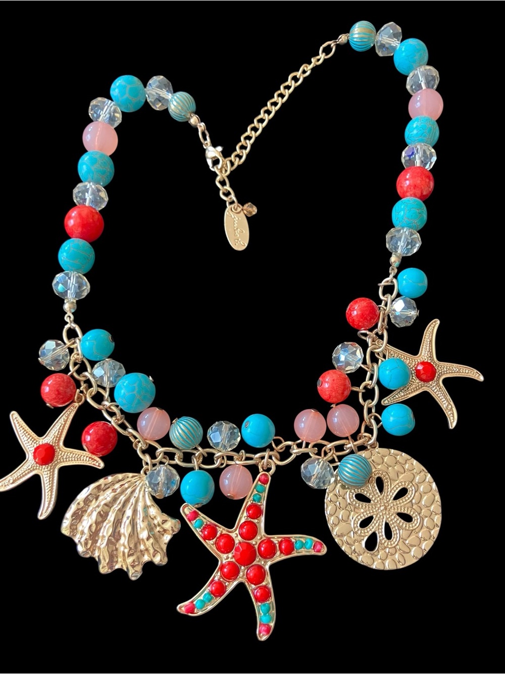 Jules B Signed Coastal Statement Necklace Turquoise Coral Starfish Sand Dollar